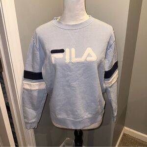 Fila Light Blue Sweatshirt with White and Navy Detailing On Sleeve Size L